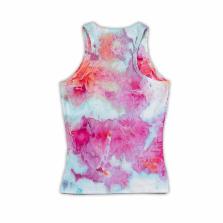 A casual yet chic high-neck women's tank top with an ice dye technique creating a soft fusion of pink and blue colors, similar to a pastel nebula.